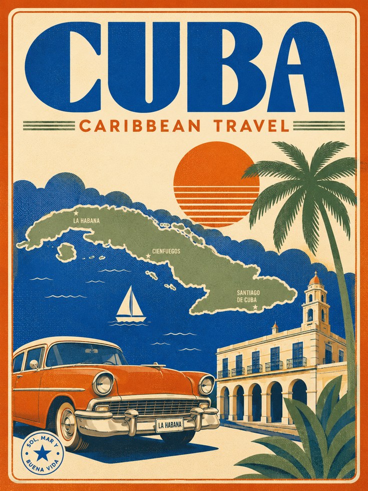 Cuba Travel Poster – Caribbean Wall Art - artwork on paper