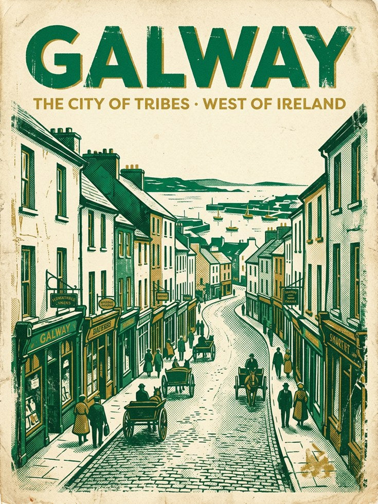 Galway Ireland Travel Poster: Vintage Green Street Scene Art Print - artwork on paper