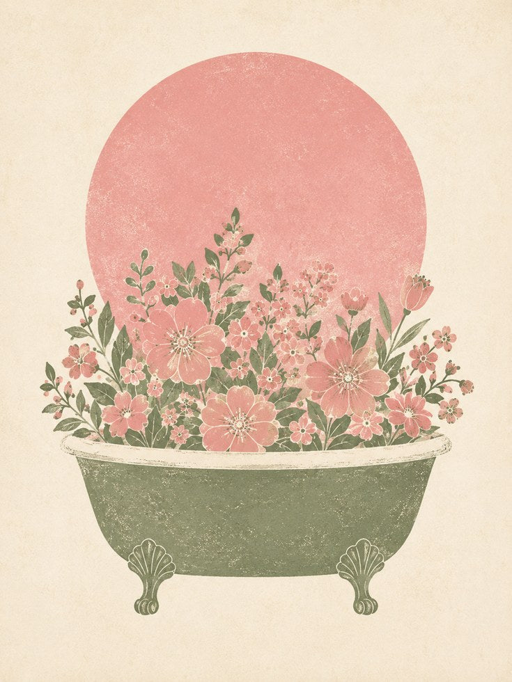 Bathtub Flower Wall Art – Vintage Bathroom Print - artwork on paper