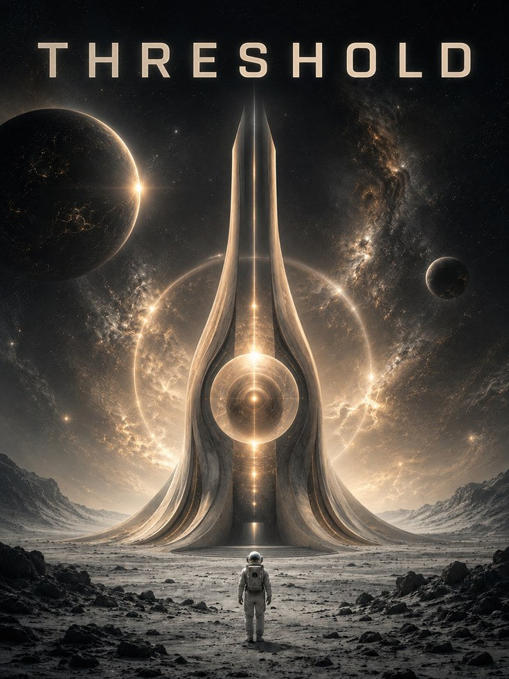 Cosmic Gateway Art Print: Futuristic Space Explorer Golden Portal - artwork on paper