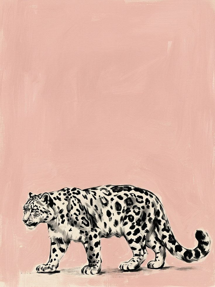 Snow Leopard Print: Minimalist Pink Contemporary Wildlife Art - artwork on paper