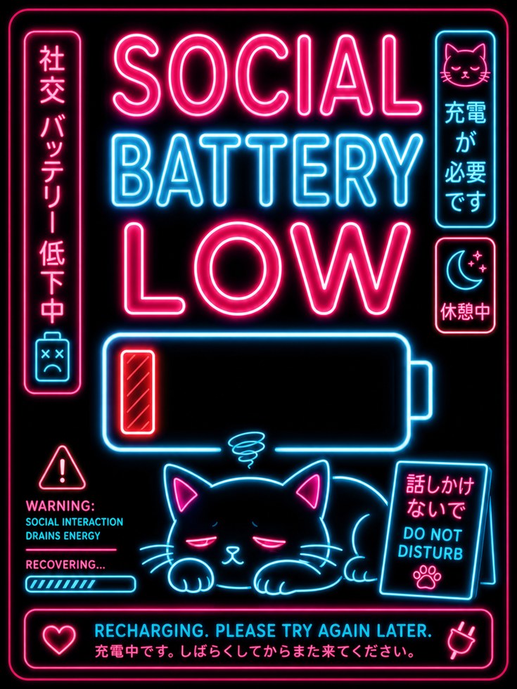 Social Battery Low Neon Art Print: Introvert Cat Poster - artwork on paper