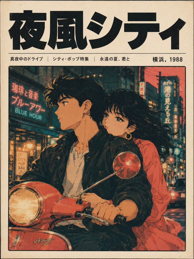 Retro Anime City Night Print – 80s Japanese Motorcycle Wall Art - artwork on paper