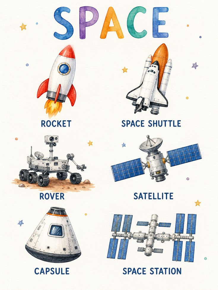 Space Educational Poster: Watercolor Rockets - artwork on paper