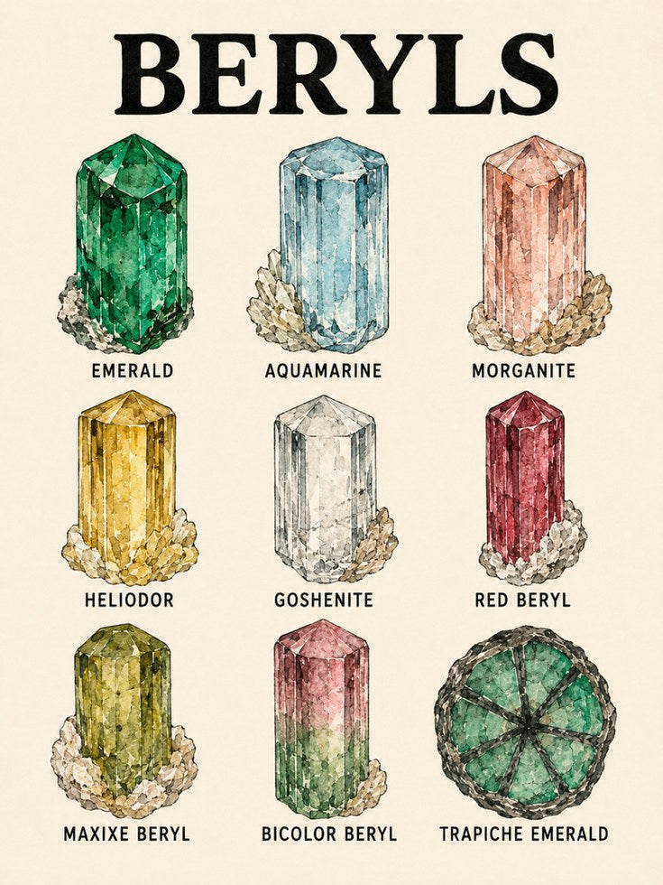 Beryl Gemstone Chart Print: Vintage Mineral Illustration - artwork on paper