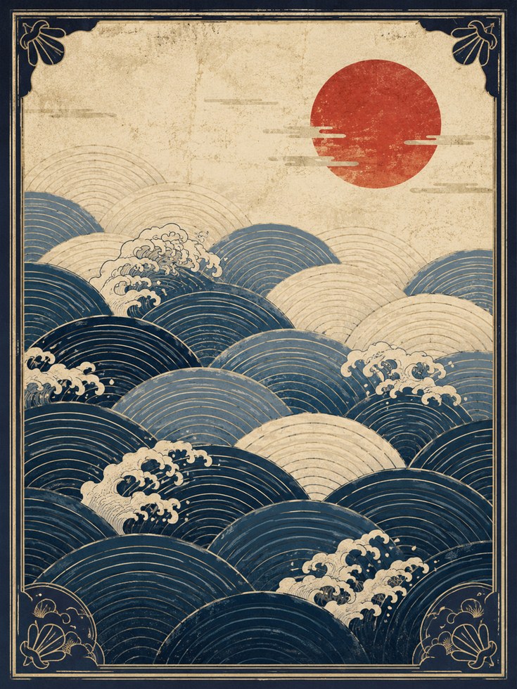 Ocean Wall Art Print: Japanese Waves with Red Sun - artwork on paper