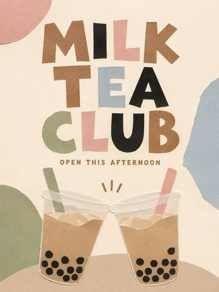 Milk Tea Club Poster: Retro Bubble Tea Typography Art Print - artwork on paper