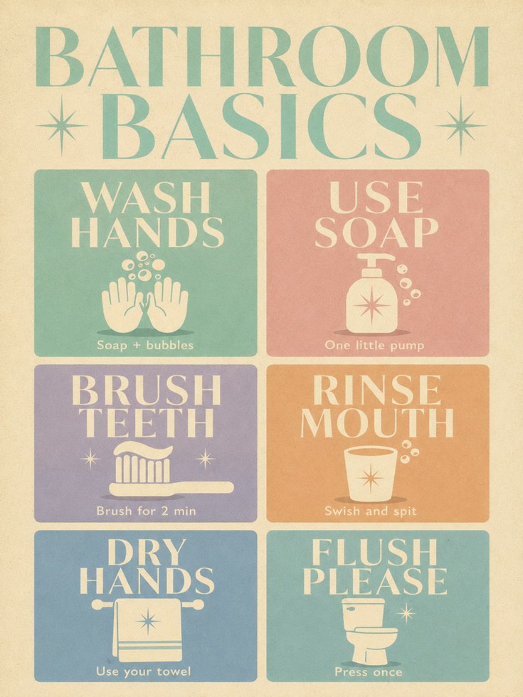Bathroom Wall Art: Mid-Century Retro Hygiene Guide - artwork on paper