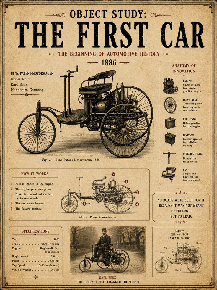 Benz Patent Motorwagen Print: Vintage Automotive History Poster - artwork on paper
