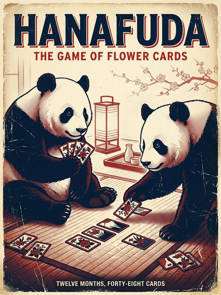 Hanafuda Pandas Art Print: Vintage Japanese Card Game Poster - artwork on paper