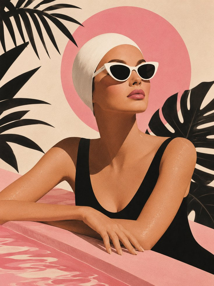 Retro Poolside Fashion Print: Mid-Century Modern Summer Art - artwork on paper