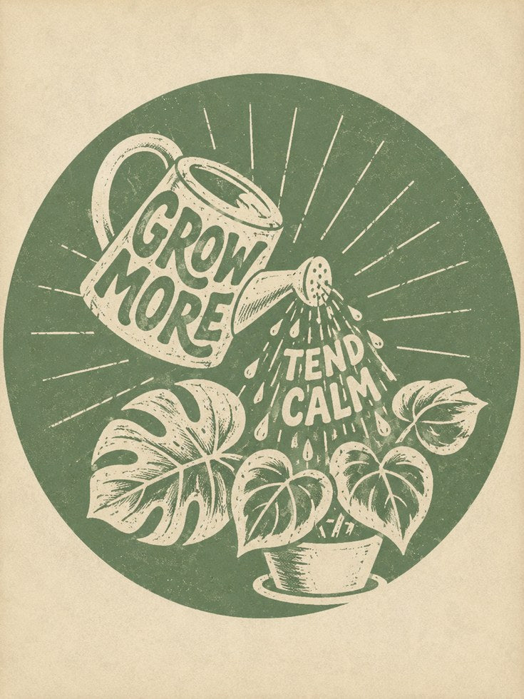 Grow More Tend Calmly Plant Print: Vintage Botanical Linocut Art - artwork on paper