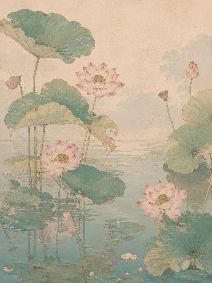 Lotus Flowers and Lily Pads Art Print: Asian Watercolor Style - artwork on paper
