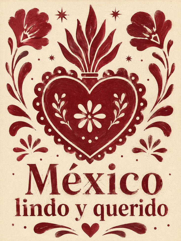 Mexico Lindo Y Querido Folk Art Print: Red Heart Floral Design - artwork on paper