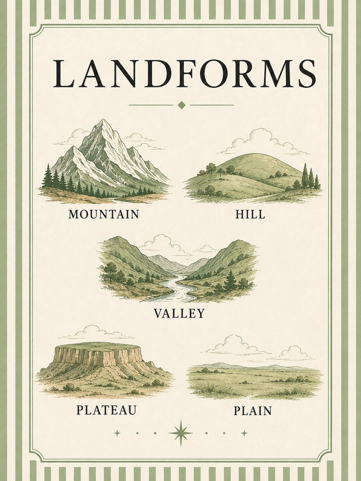 Landforms Educational Poster: Vintage Geography Illustration - artwork on paper