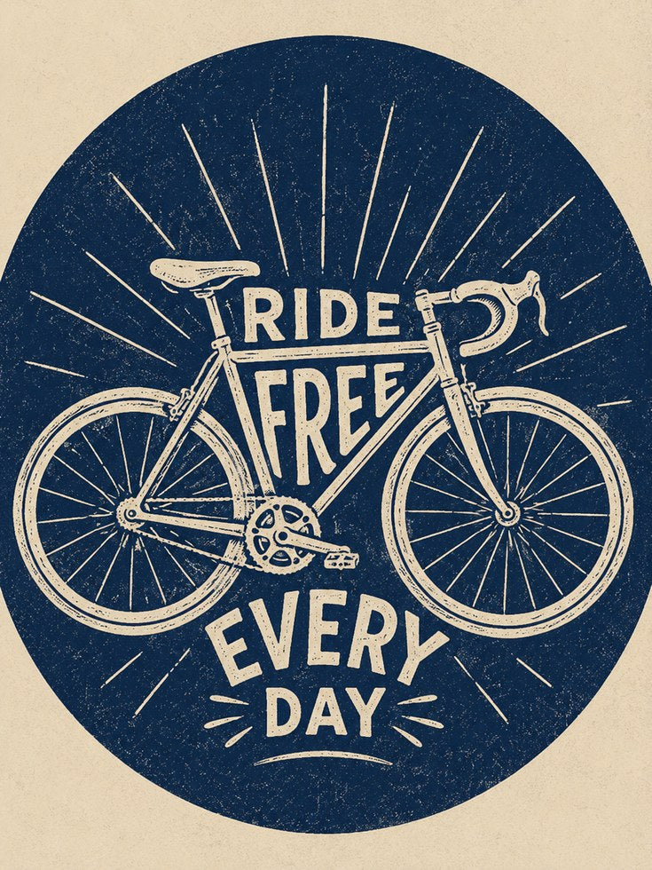 Ride Free Bicycle Print: Retro Cycling Poster (Navy Blue) - artwork on paper