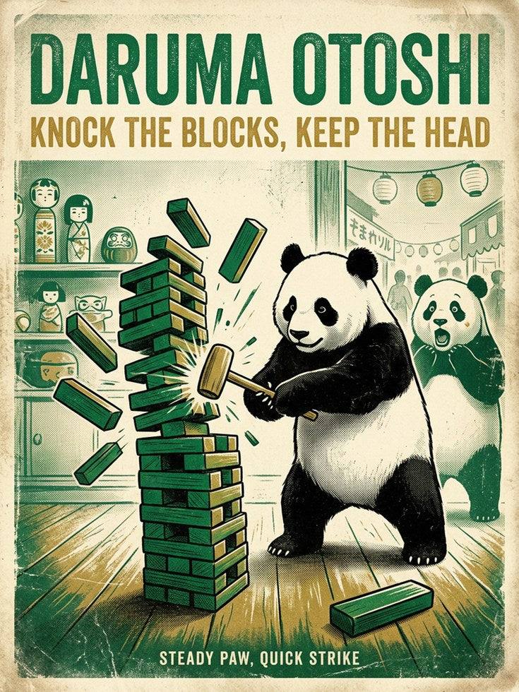 Panda Jenga Game Art Print: Vintage Japanese Poster Design - artwork on paper
