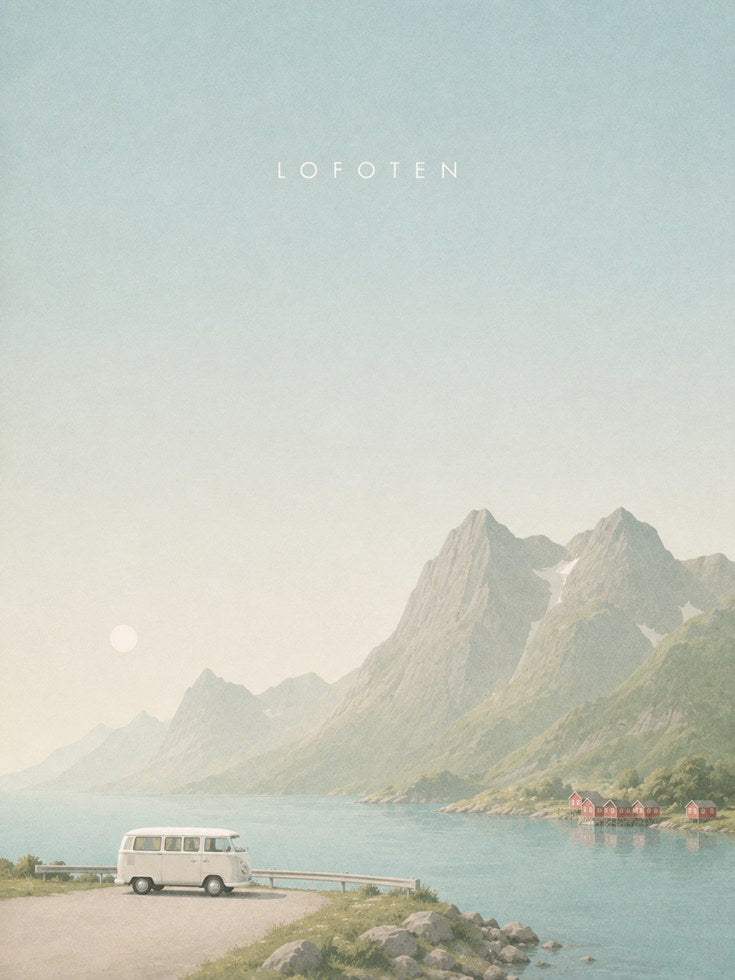 Lofoten Coastal Road Print: Minimalist Nordic Mountain Landscape - artwork on paper