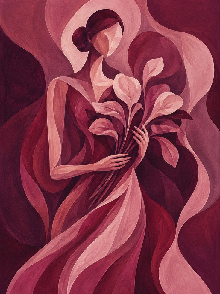 Art Deco Woman With Calla Lilies: Pink and Burgundy Wall Art - artwork on paper