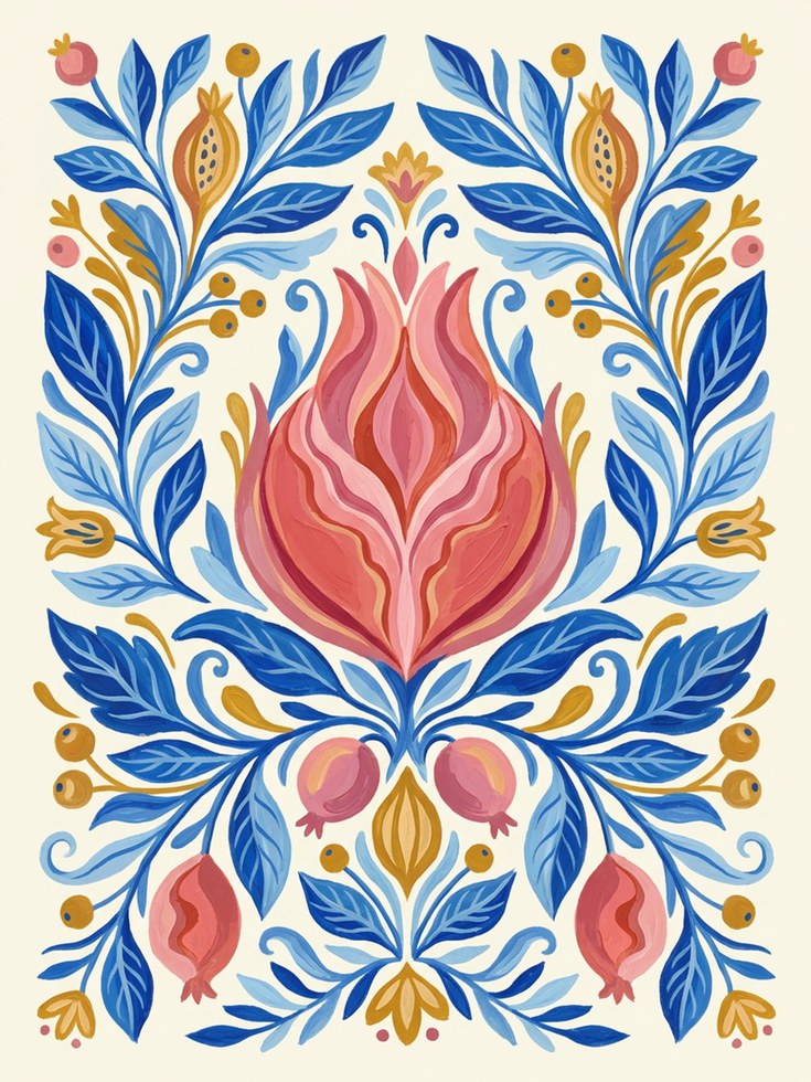 Folk Art Floral Print — Symmetrical Botanical Illustration - artwork on paper