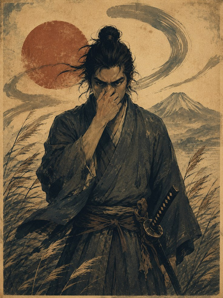 Funny Bathroom Poster Samurai Art Print: Japanese Warrior and Mount - artwork on paper