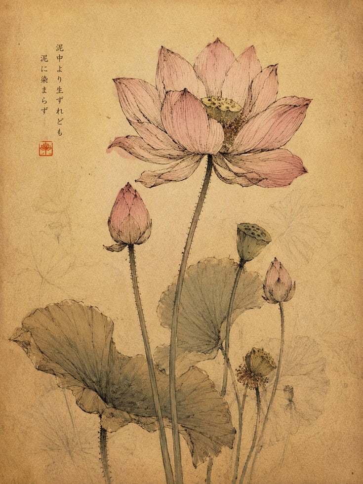 Lotus Flower Botanical Print — Vintage Japanese Style - artwork on paper