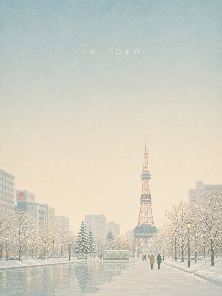 Sapporo Winter Tower Art Print: Snowy Japanese Cityscape - artwork on paper