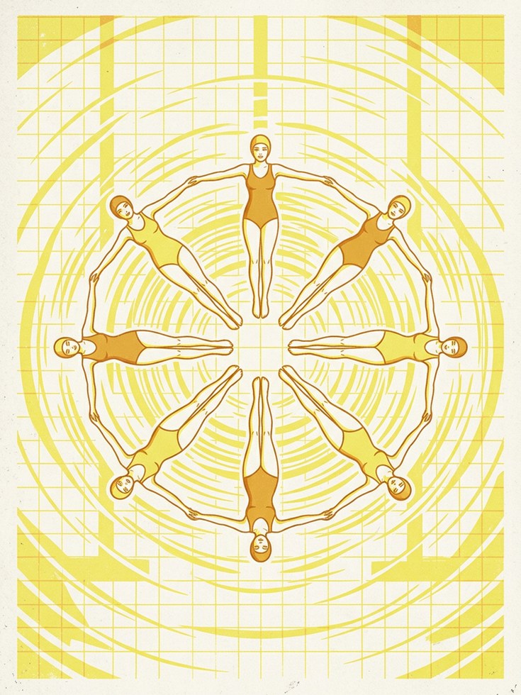 Synchronized Swimmers Mandala: Art Deco Yellow Geometric Print - artwork on paper