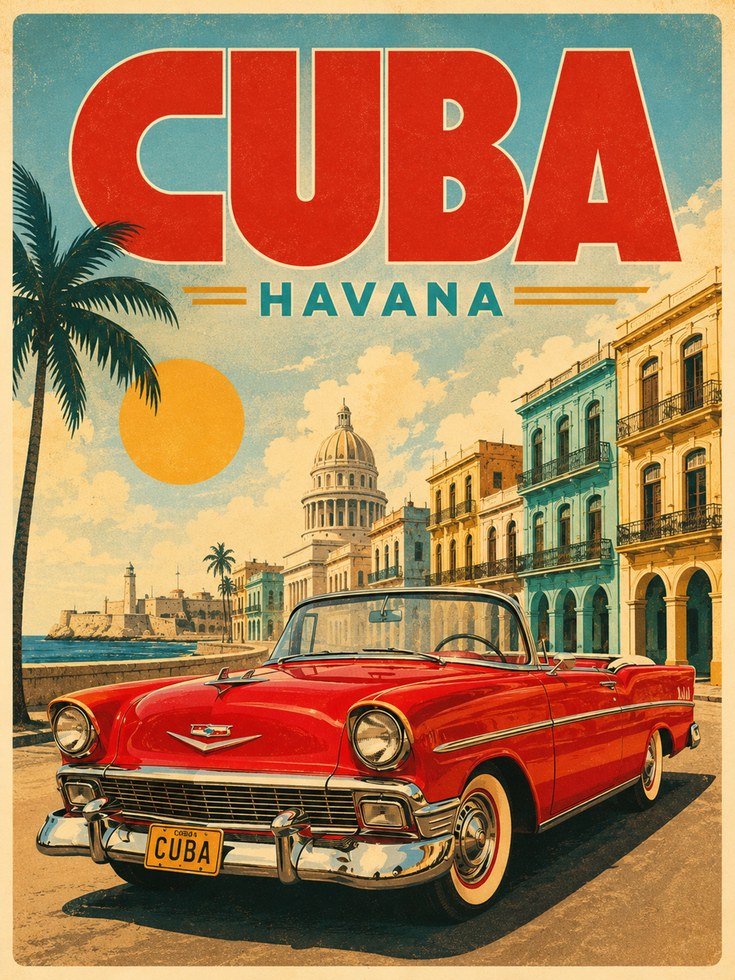 Cuba Travel Poster – Havana Vintage Print - artwork on paper