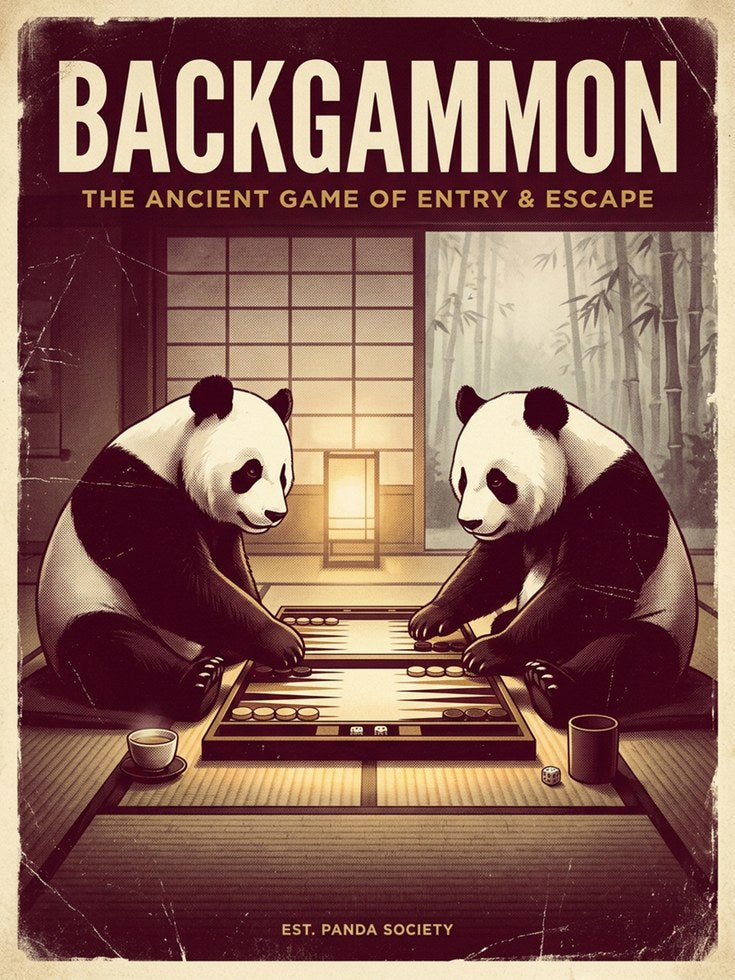 Backgammon Pandas Print: Vintage Japanese Game Room Poster - artwork on paper