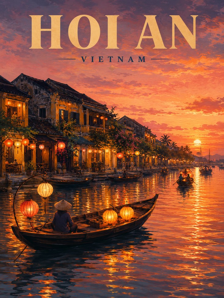 Hoi An Sunset Lanterns Print: Vietnamese River Town Wall Art - artwork on paper