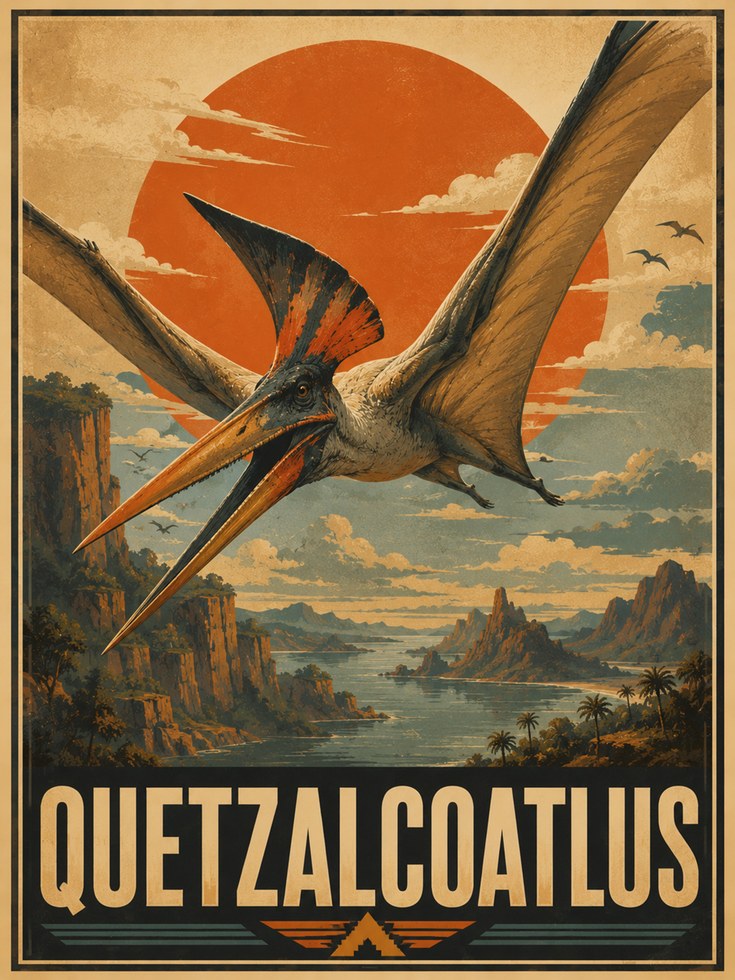 Quetzalcoatlus Poster: Vintage Dinosaur Travel Art Print - artwork on paper