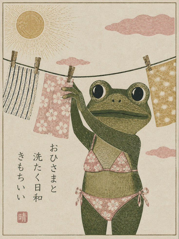 Frog Laundry Wall Art – Japanese Inspired Print - artwork on paper