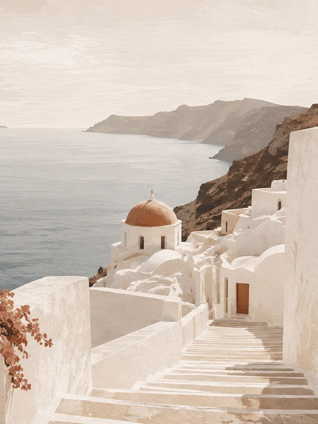 Santorini Church Steps Art Print: Soft Mediterranean Coastal View - artwork on paper