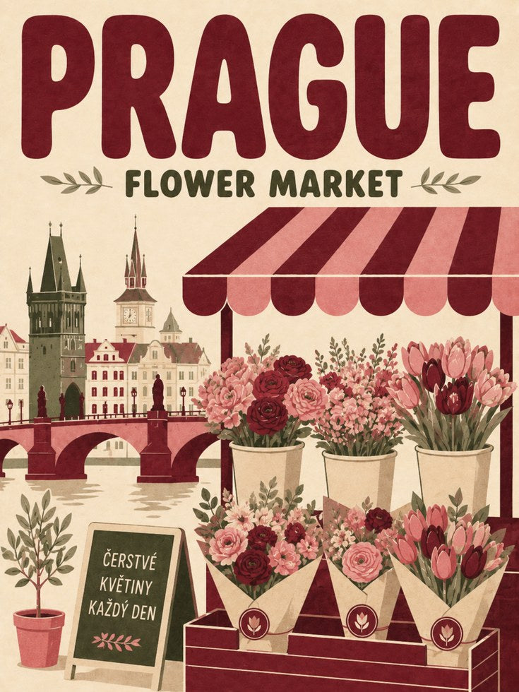 Vintage Travel Poster: Prague Flower Market - artwork on paper
