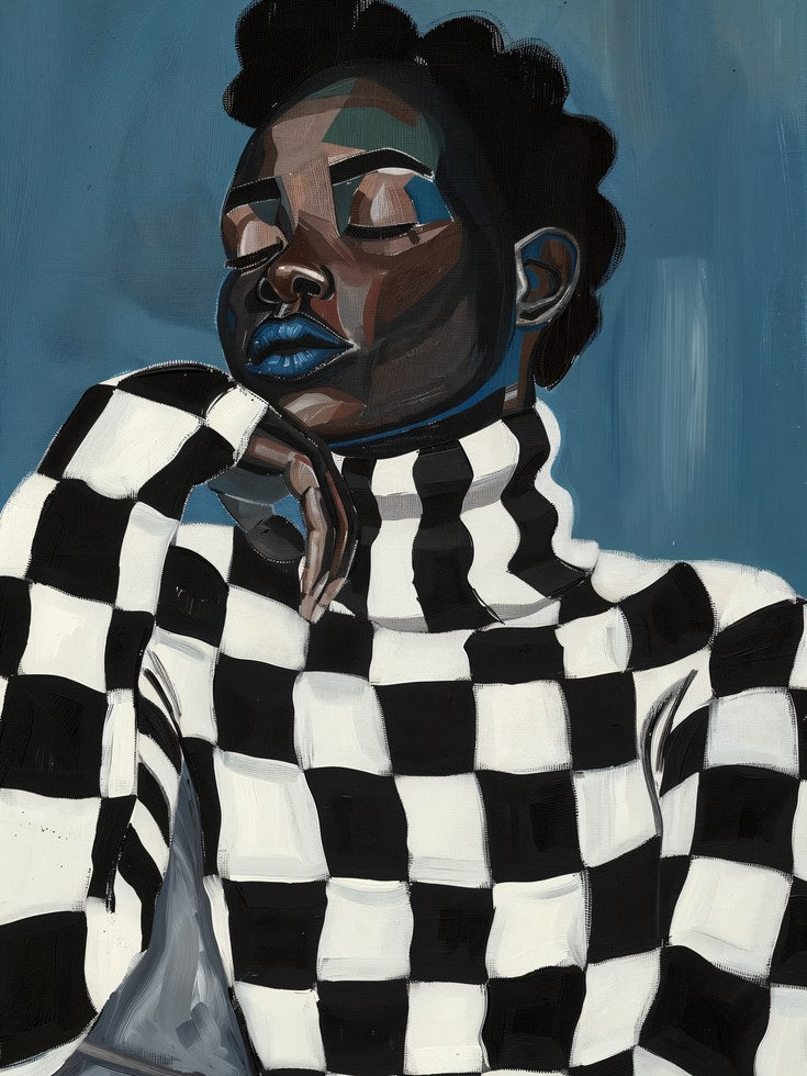 Fashion Portrait Print: Black Woman with Blue Lips and Checkered - artwork on paper