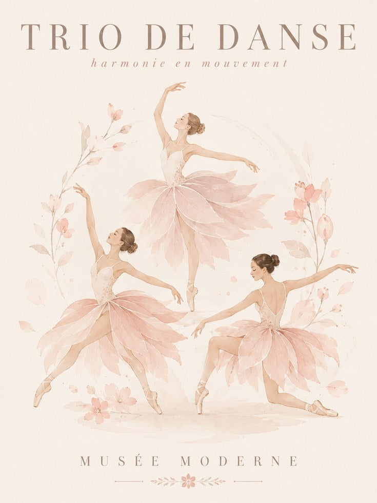 Ballet Dancers Trio Poster: Soft Pink Watercolor Wall Art - artwork on paper