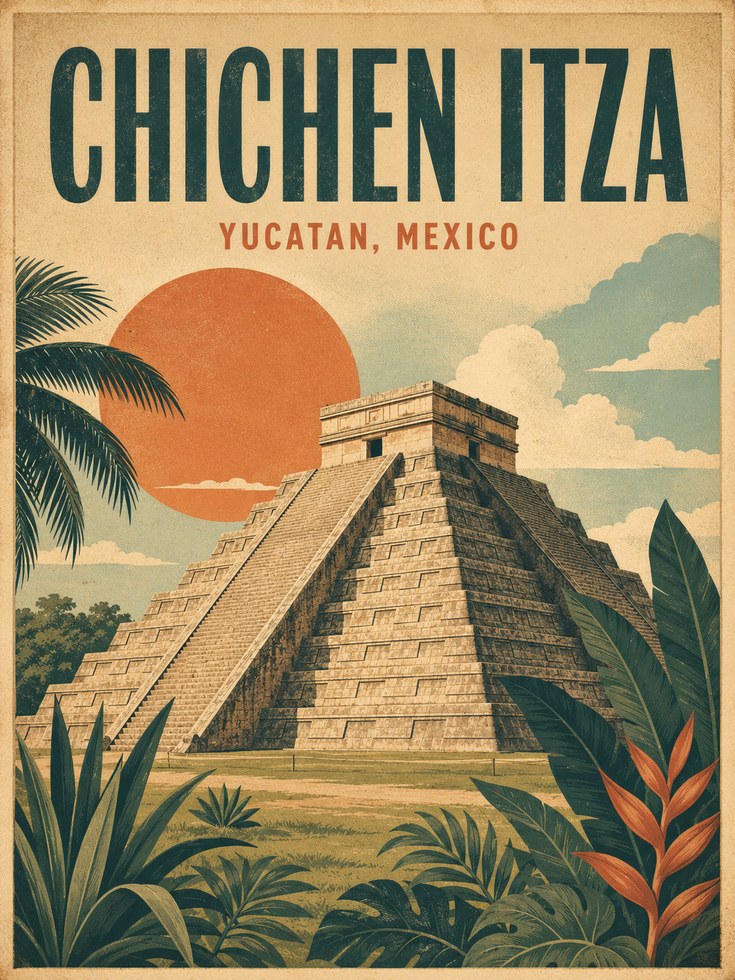 Chichen Itza Travel Poster – Retro Mexico Mid-Century Wall Art - artwork on paper
