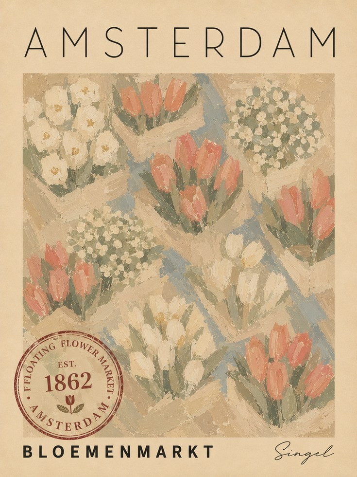 Amsterdam Tulip Market Poster: Vintage Floral Travel Art - artwork on paper