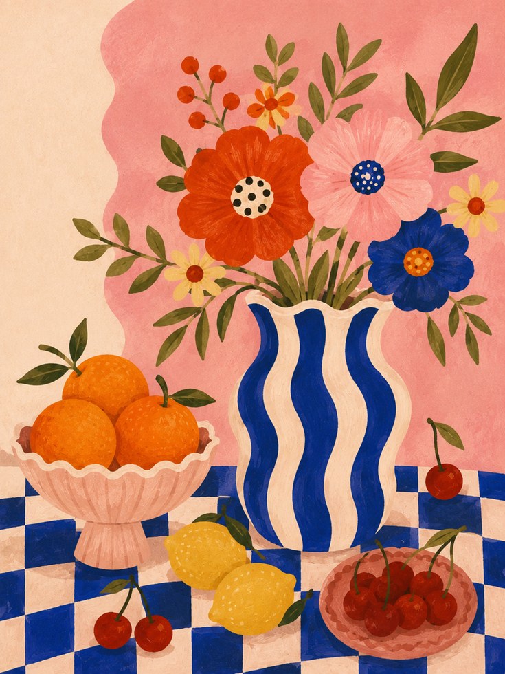 Folk Art Still Life Print – Floral Vase - artwork on paper