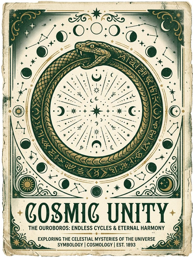 Cosmic Serpent Ouroboros Poster: Mystical Green Celestial Art - artwork on paper