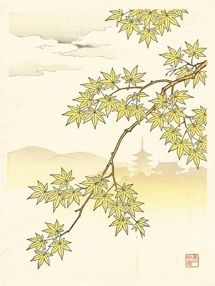 Japanese Maple Branch Art Print: Traditional Yellow Botanical Design - artwork on paper