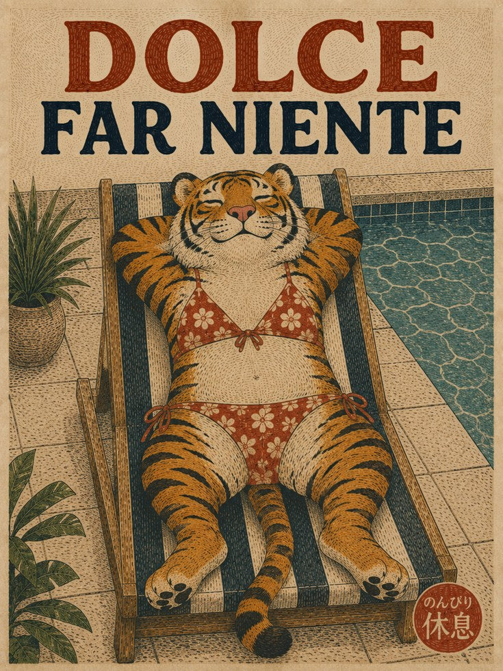 Dolce Far Niente Tiger Poster: Vintage Italian Poolside Art Print - artwork on paper