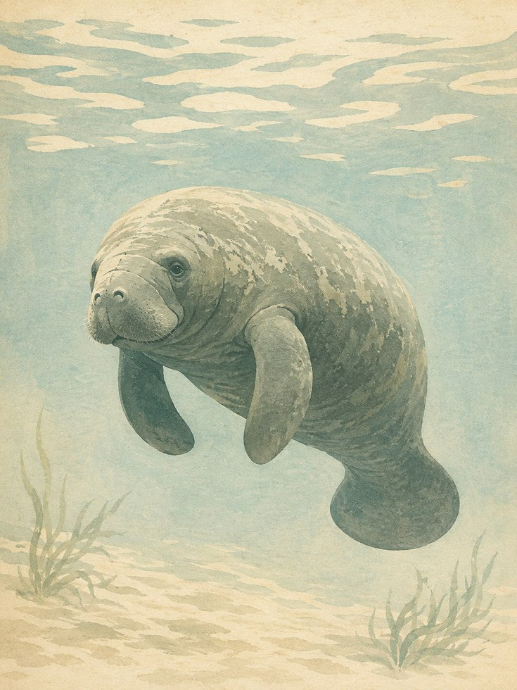 Manatee Underwater Art Print: Vintage Watercolor Marine Life - artwork on paper