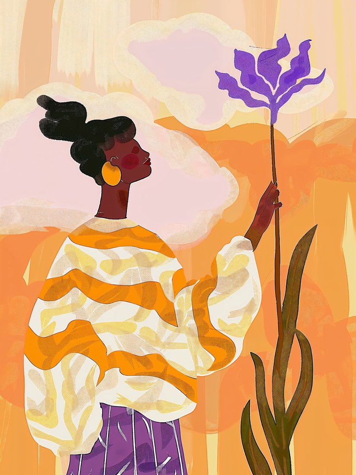 African Woman Art Print: Colorful Portrait with Purple Flower - artwork on paper