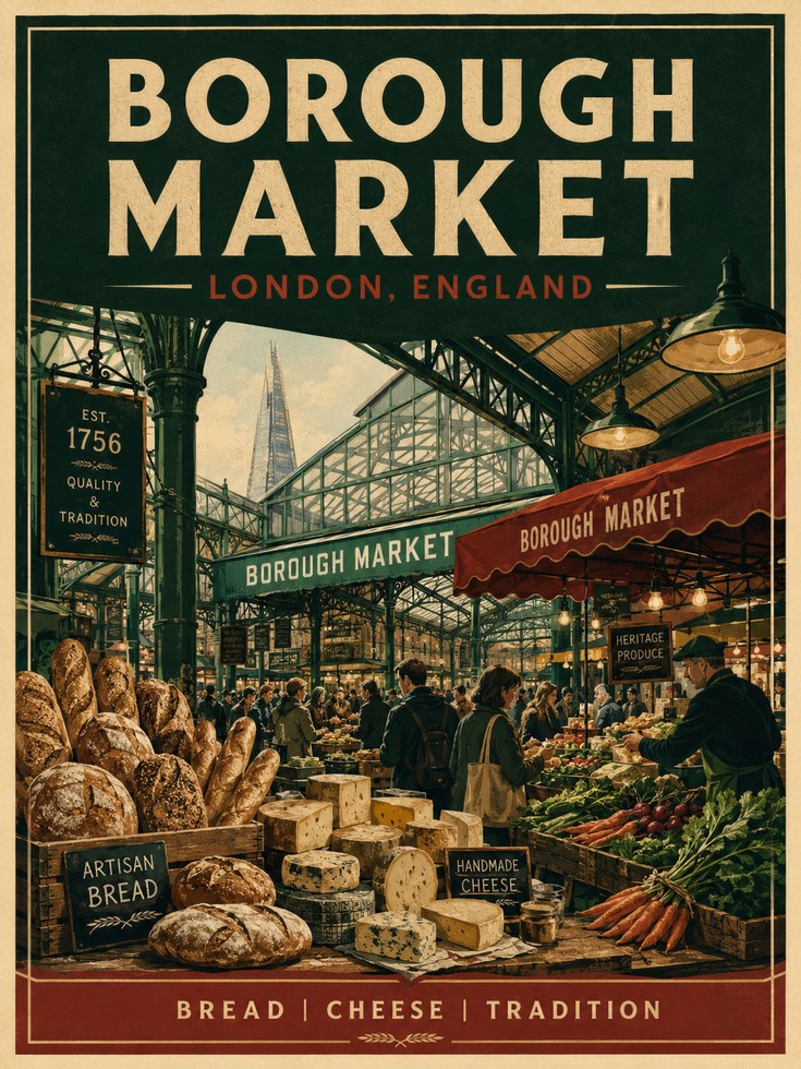 Borough Market London Print — Vintage Travel Poster Style - artwork on paper