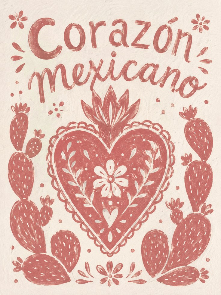 Corazon Mexicano Folk Art Print: Red Heart and Cactus Design - artwork on paper