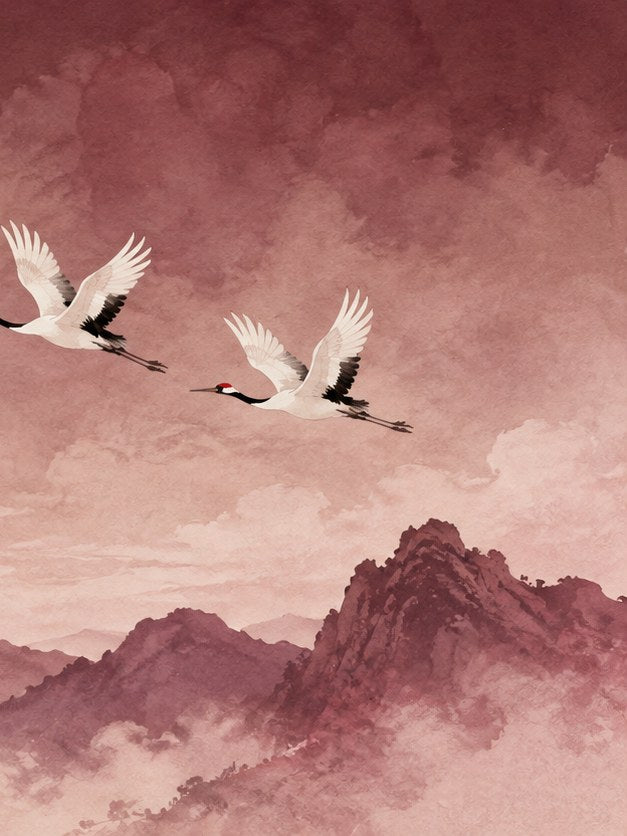 Japanese Cranes Wall Art: Watercolor Birds in Mauve Sky - artwork on paper