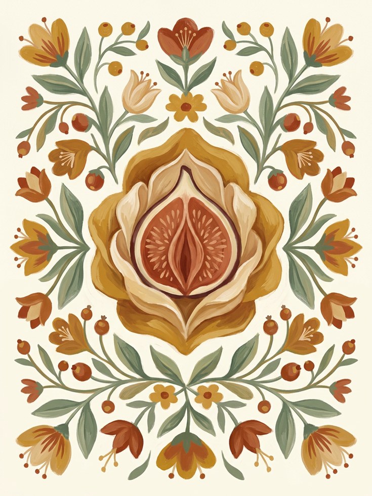Folk Art Floral Print – Symmetrical Botanical Illustration - artwork on paper