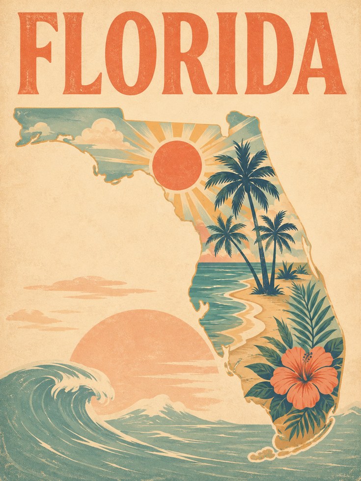 Florida Retro Travel Poster: Vintage Palm Tree Beach Art Print - artwork on paper